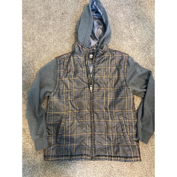 Timberland Other - Timberland Boys Puffer Jacket Hooded Plaid Zip Up Gray Size M Medium
